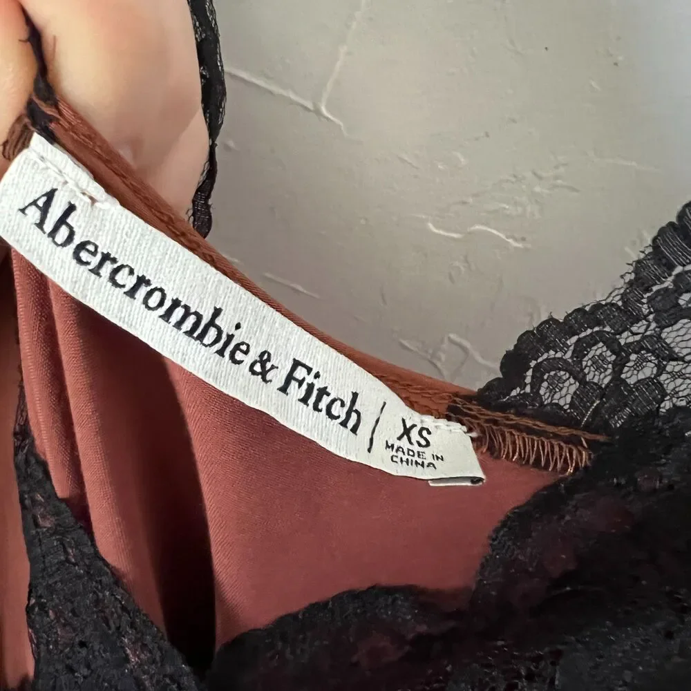 Abercrombie & Fitch Brown Copper Satin Lace Trim Slip Dress‎ Maxi Coquette XS